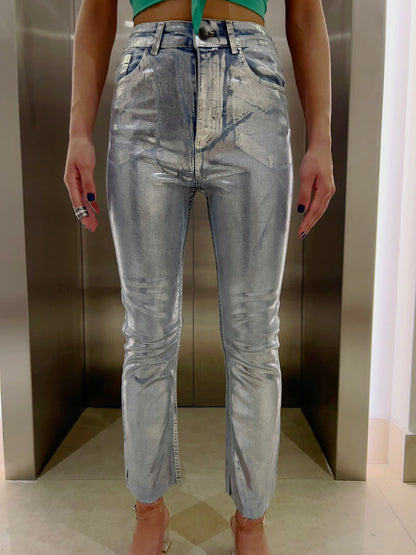 Wide Leg Metallic Jeans - Blue